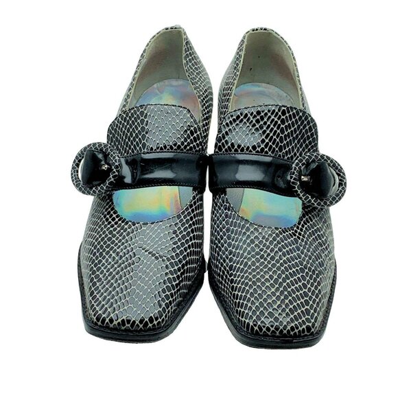 DENNIS COMEAU Vintage Black Snake Print Heeled Loafers With Buckle Detail Size 7 - Picture 2 of 7